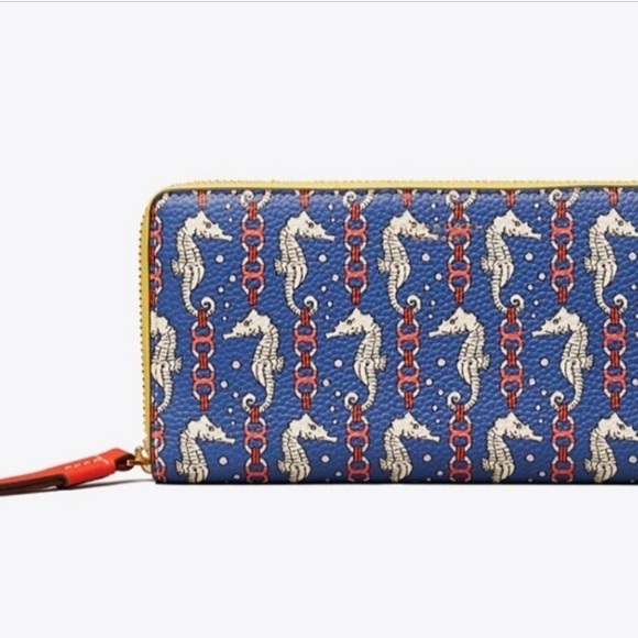 NWT Tory Burch Perry Printed Zip Continental Wallet in Blue Seahorse - Picture 8 of 9